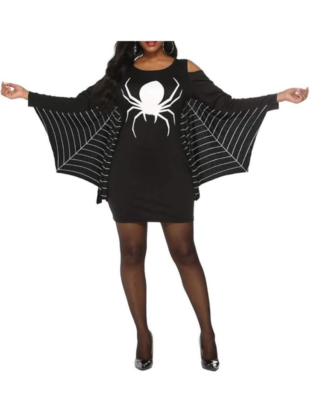 Spider Graphic Black & Cut-Out Sleeves 3XL Jersey Tunic Cosplay Dress